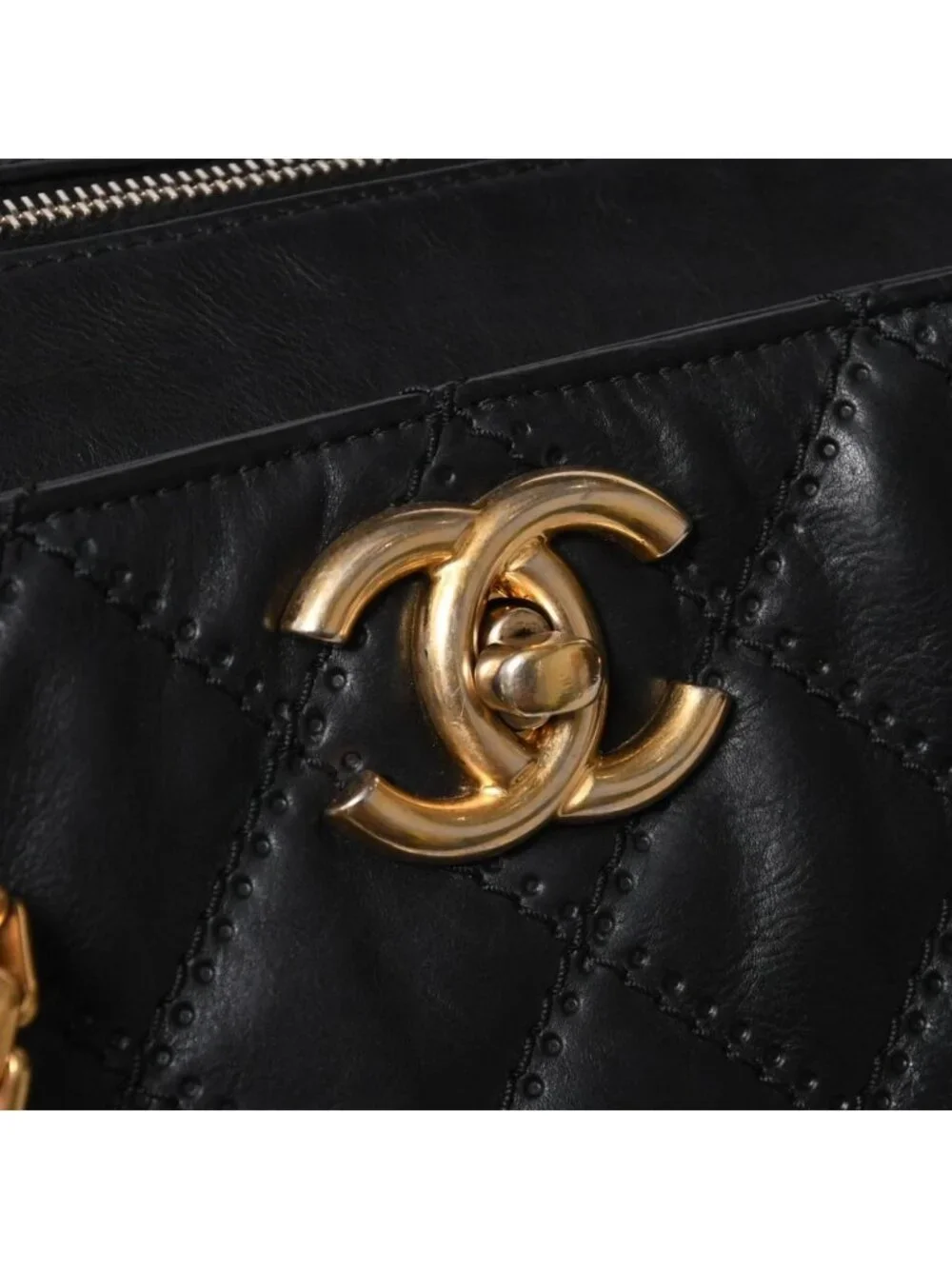 Chanel Chain Tote Bag CC Logo Quilted Leather Black Gold